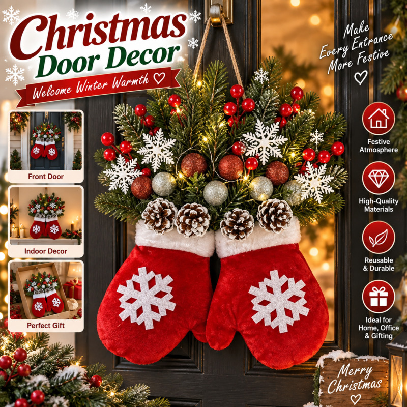 Outdoor Lighting Wedding Decor - クリスマスイルミネーション付きリース、手袋型オーナメント、人工松ぼっくりとベリーのガーランド。屋内・屋外で使用可能。ドアに飾るのに最適。パーティーやホリデーシーズンのギフトに。