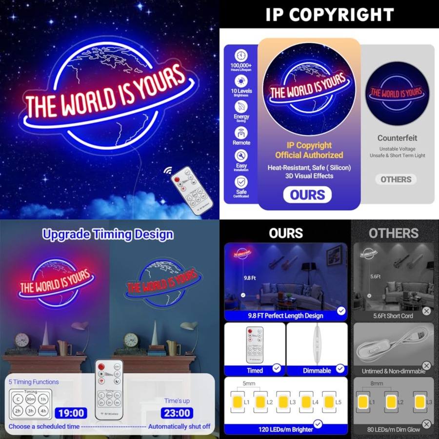 Lighting World Decor - ザ・ワールド・イズ・ユアーズ ネオンサイン、リモート調光機能付き惑星LEDネオンライトランプ（壁飾り用）、USB電源（マンケーブ、ホームバー、ビストロC用）