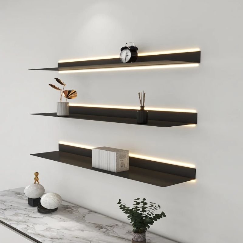 Lighting Metal Wall Decor - ‌ LED照明付きメタルシェルフ壁掛けフローティングディスプレイラック、ライト付きインダストリアルスタイル吊り下げ収納、ホームオフィス装飾用