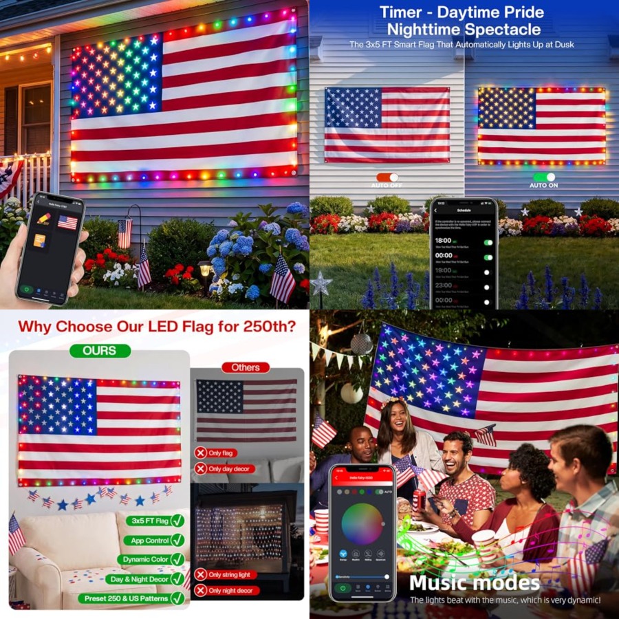Up Lighting Decor - スマートライト付きアメリカ国旗 3x5フィート、アプリ制御旗 独立記念日装飾ライト DIYカラー、音楽同期LEDライトアップ パトリオティックライト