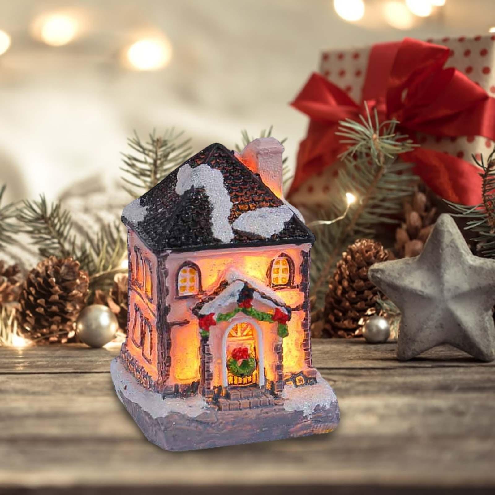 Lighting Decor For House - クリスマスライト付きの家の樹脂製フィギュア、家の装飾用の卓上センターピース、ミニチュア村のシーンオーナメント