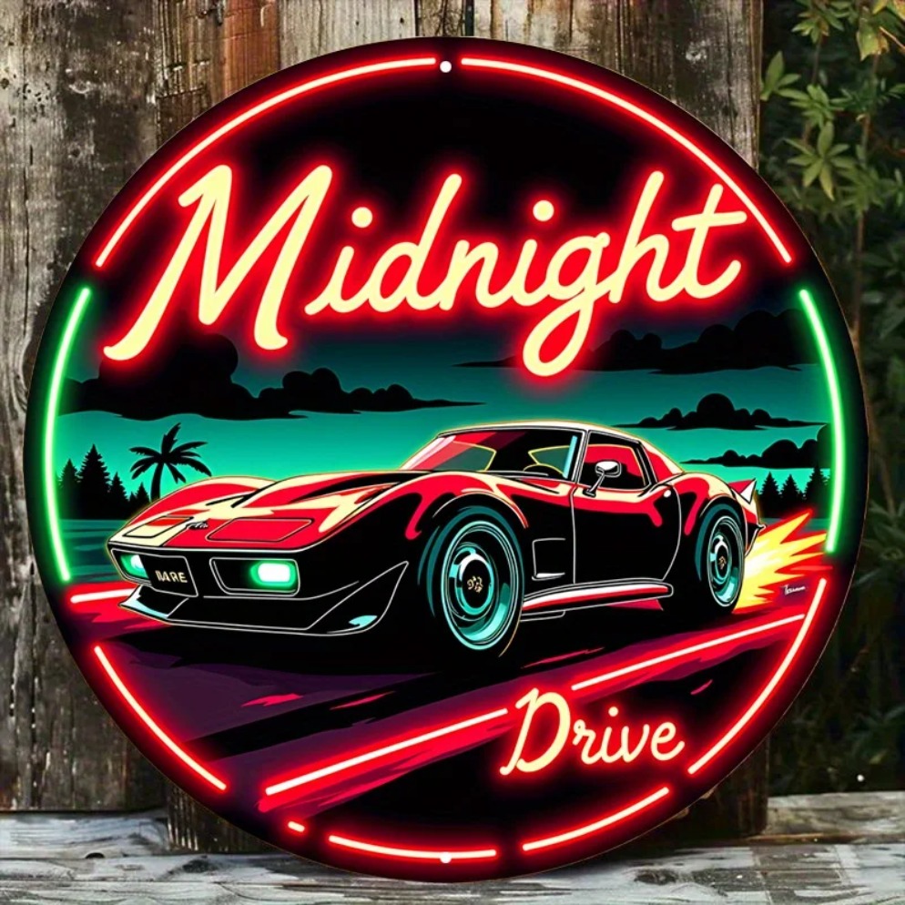 Lighting Metal Wall Decor - ヴィンテージネオンカーサイン ミッドナイトドライブ – レトロな自動車LEDアートメタルサイン、赤と緑のライト付き、丸型メタルウォールデコレーション