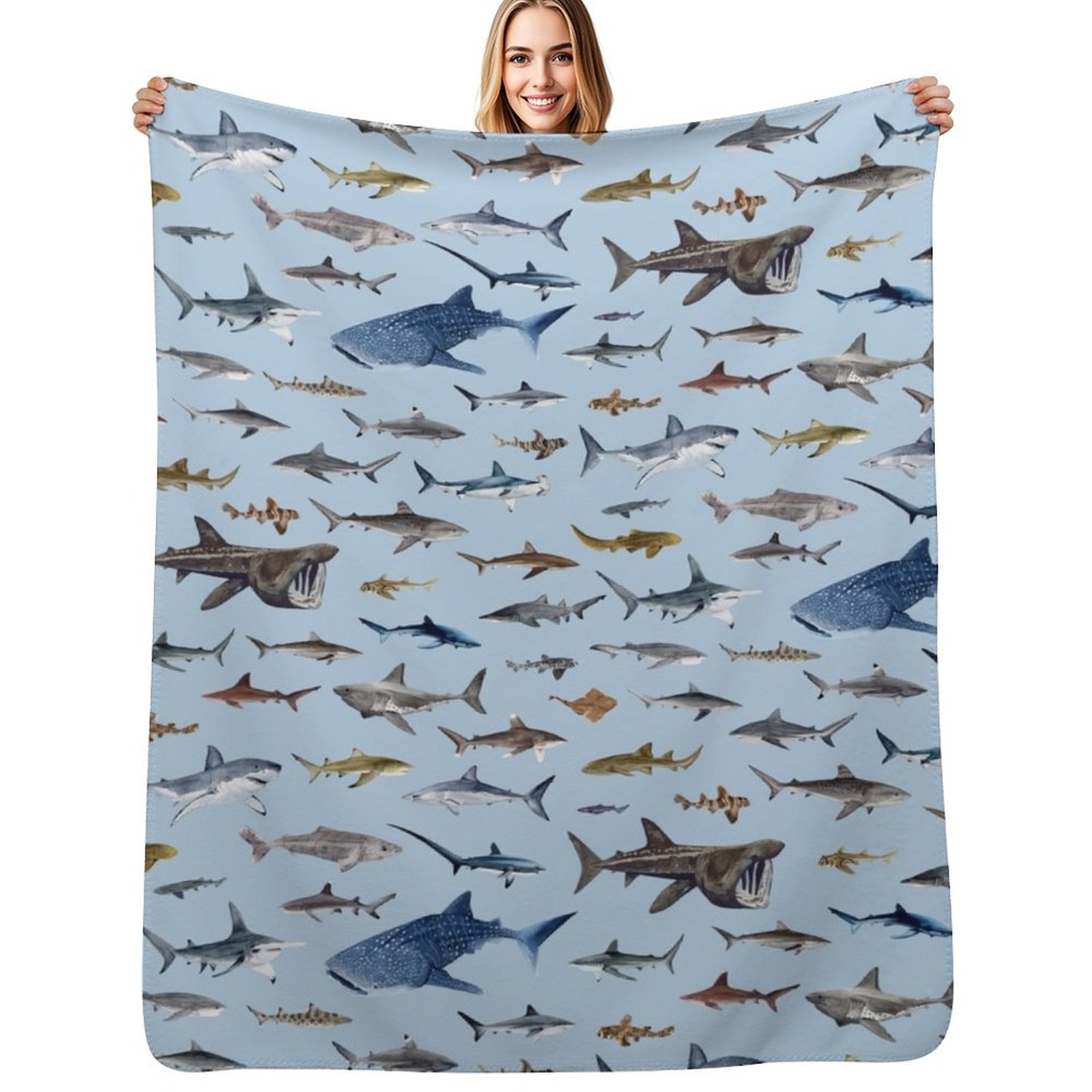 Lighting Decoration Ideas For Home - SHARKS ポスター - ライトブルーのソファ用スローケット、マンガ風ヘアリーズカスタム装飾品、バレンタインギフトアイデア、ブランケット