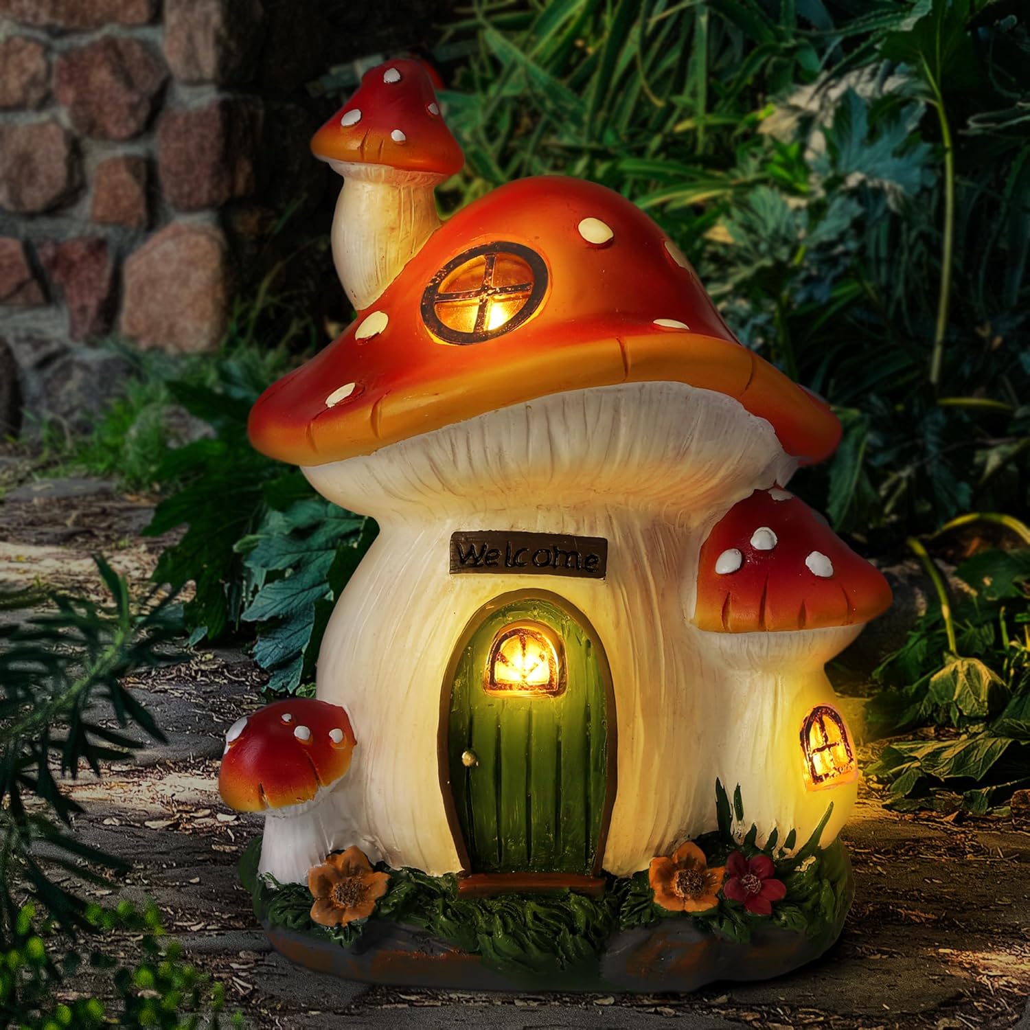 Lighting Decor For House - 屋外用ガーデンソーラー装飾ライト、ガーデンソーラーきのこハウス型装飾ライト、樹脂製きのこハウス型ウェルカムライト。芝生、バルコニー、中庭、屋外庭園、家庭の装飾に。
