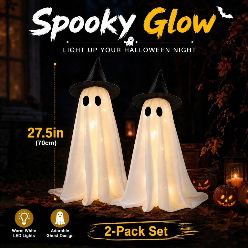 Up Lighting Decor - LEDライトアップウィッチハットゴースト2個セット、不気味なハロウィーンフィギュア、マントルピース、ダイニングテーブル、パーティーデコレーション用テーブルセンターピース