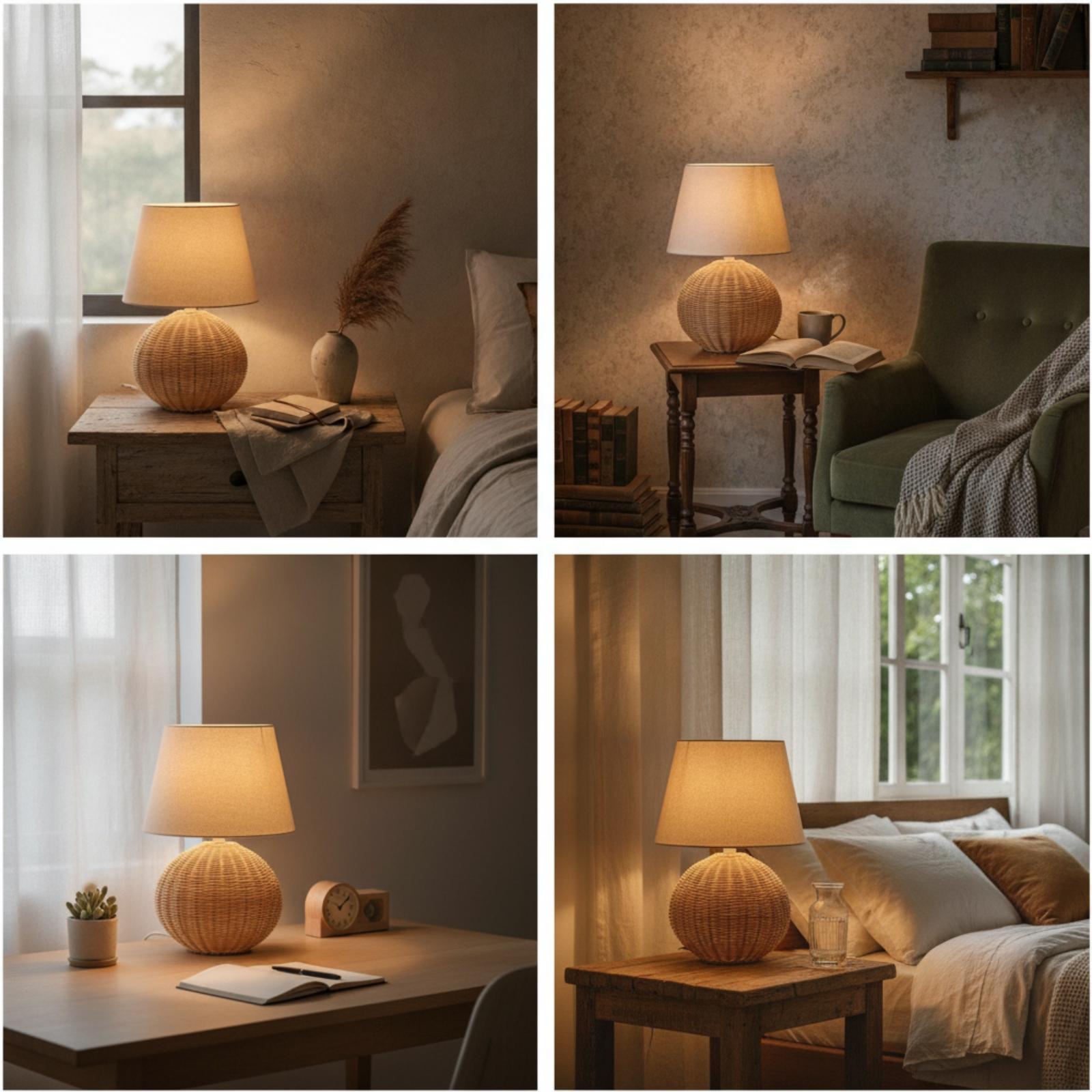 ベッドサイドランプ ラタンベース ファブリックシェード ナイ - Room Lighting Bedroom Decor のレビューと価格